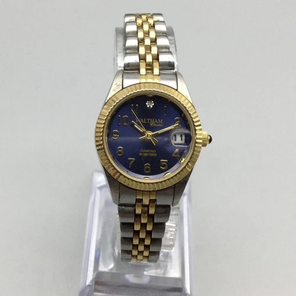 Waltham Womens Watch 24mm Blue Dial Two Tone Diamond Date New Battery 6